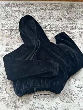 Black Faux Fur Cropped Hoodie Plush Fuzzy Sweatshirt Size S